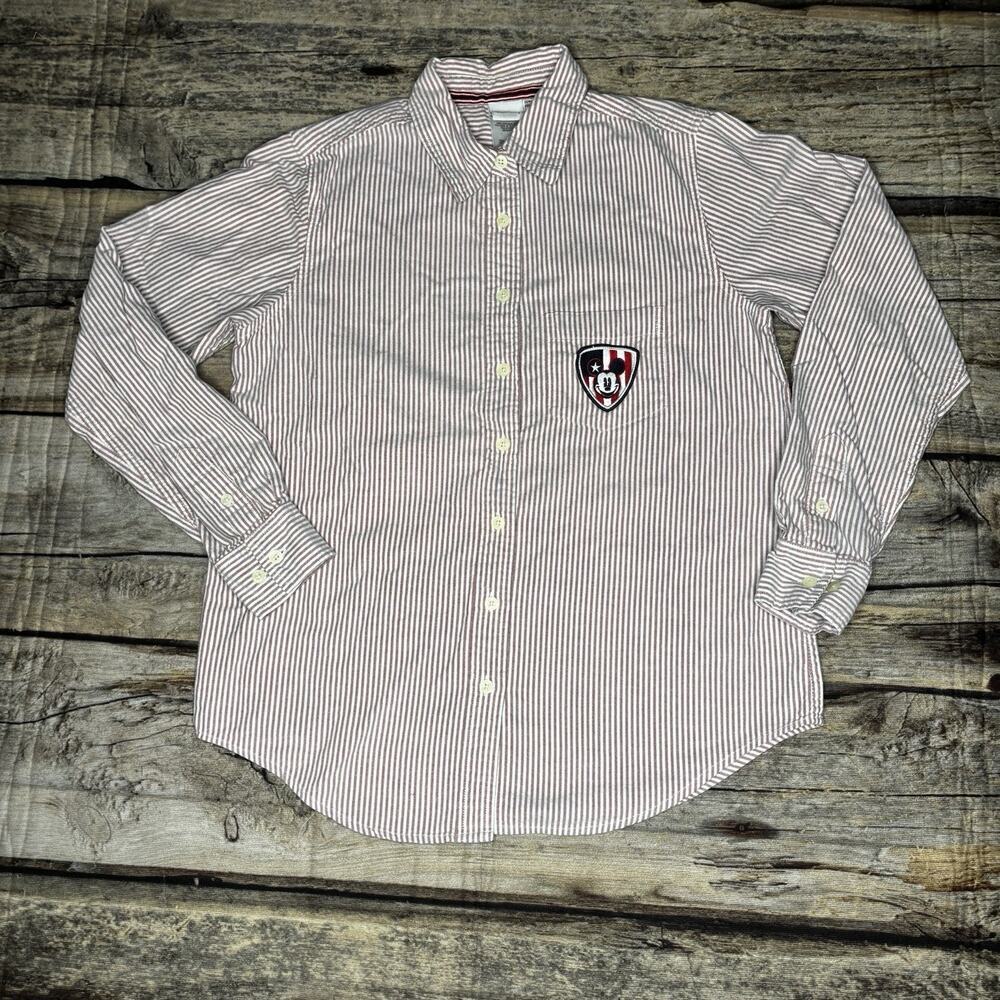 VTG 90's Disney Mickey Crest Embroidered Adult Small Red White Stripe Button Up
